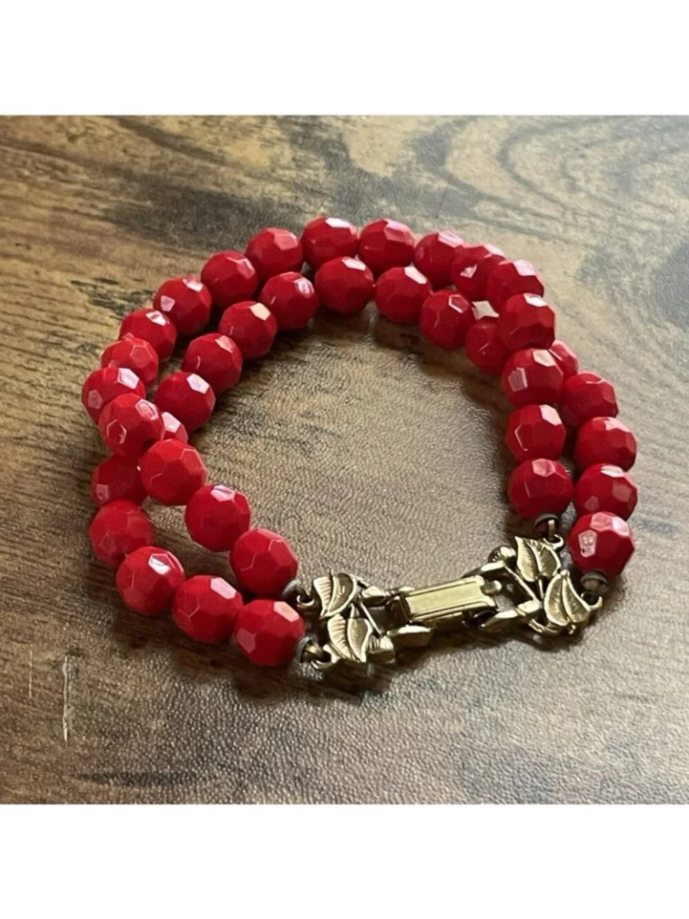 Vintage Red Beaded Double Strand Bracelet Faceted Glass Gold Tone Leaf Clasp